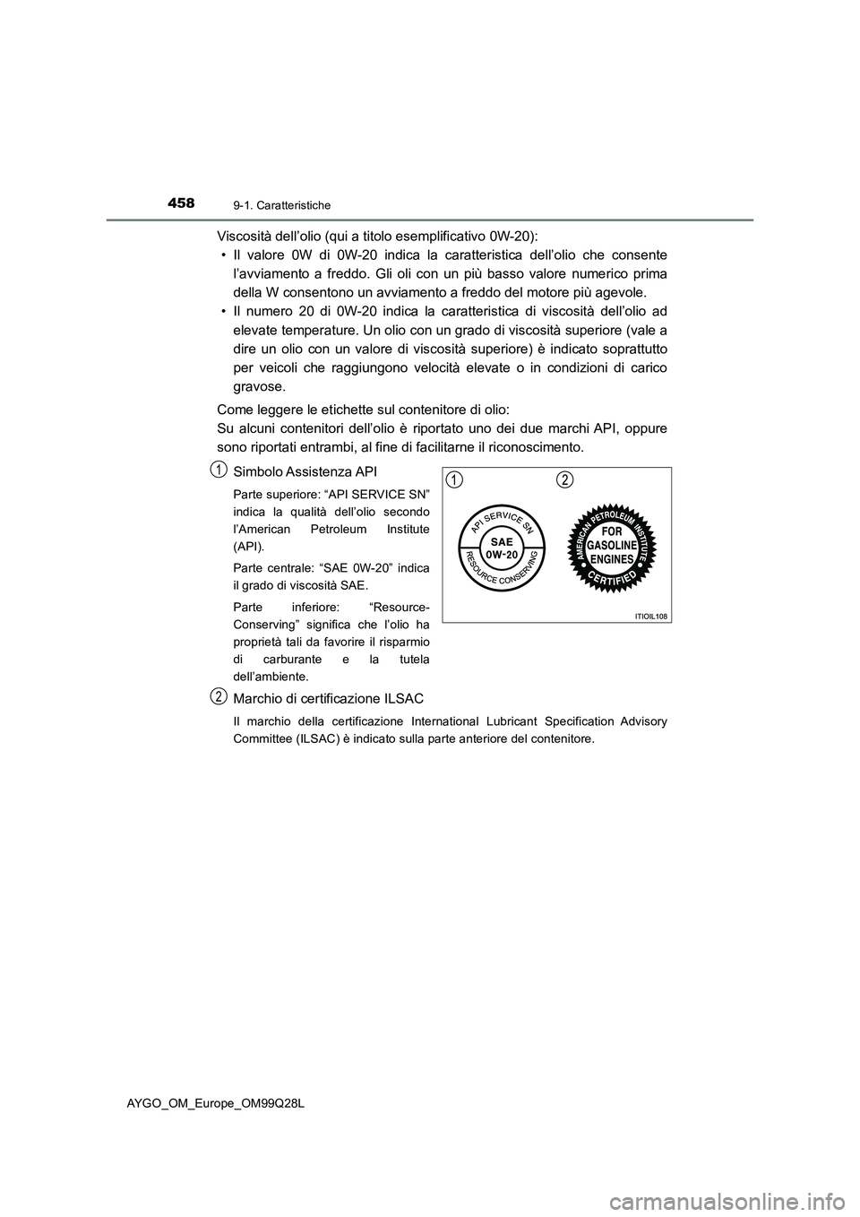 TOYOTA AYGO 2017 Manuale duso (in Italian) 4589-1. Caratteristiche
AYGO_OM_Europe_OM99Q28L
Viscosità dell’olio (qui a titolo esemplificativo 0W-20):
• Il valore 0W di 0W-20 indica la caratteristica dell’olio che consente
l’avviamento TOYOTA AYGO 2017 Manuale duso (in Italian) 4589-1. Caratteristiche
AYGO_OM_Europe_OM99Q28L
Viscosità dell’olio (qui a titolo esemplificativo 0W-20):
• Il valore 0W di 0W-20 indica la caratteristica dell’olio che consente
l’avviamento