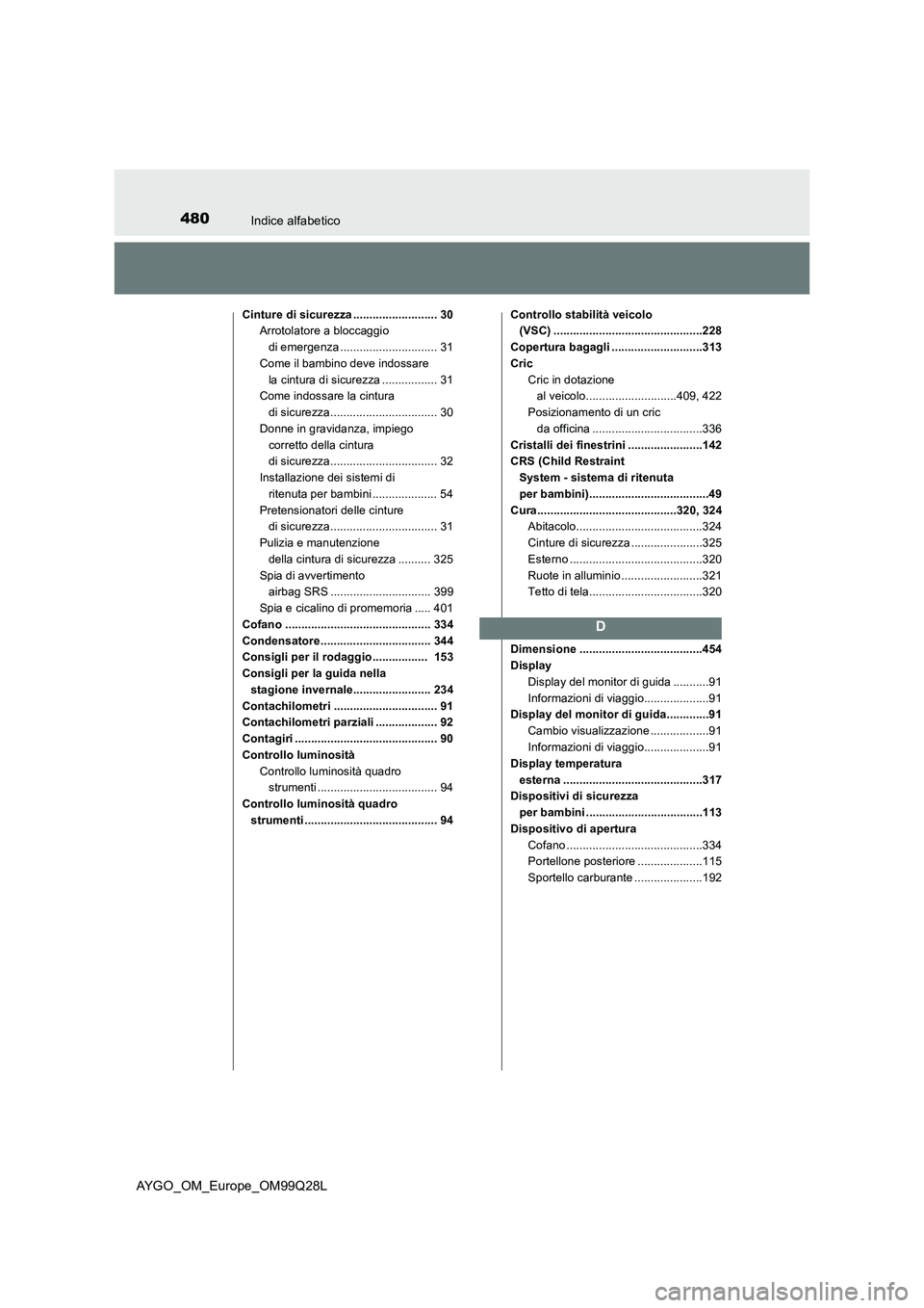 TOYOTA AYGO 2017 Manuale duso (in Italian) 480Indice alfabetico
AYGO_OM_Europe_OM99Q28L
Cinture di sicurezza .......................... 30
Arrotolatore a bloccaggio
di emergenza .............................. 31
Come il bambino deve indossare TOYOTA AYGO 2017 Manuale duso (in Italian) 480Indice alfabetico
AYGO_OM_Europe_OM99Q28L
Cinture di sicurezza .......................... 30
Arrotolatore a bloccaggio
di emergenza .............................. 31
Come il bambino deve indossare