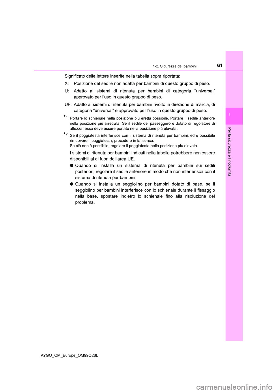 TOYOTA AYGO 2017  Manuale duso (in Italian) 611-2. Sicurezza dei bambini
1
Per la sicurezza e l’incolumità
AYGO_OM_Europe_OM99Q28L
Significato delle lettere inserite nella tabella sopra riportata: 
X: Posizione del sedile non adatta per  bam