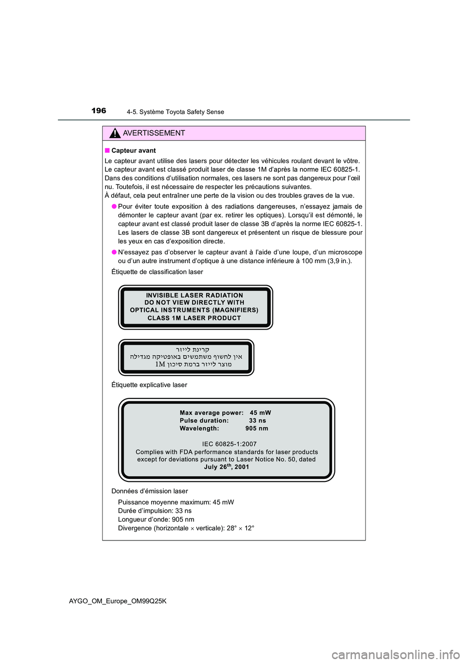 TOYOTA AYGO 2017 Notices Demploi (in French) 1964-5. Système Toyota Safety Sense
AYGO_OM_Europe_OM99Q25K
AVERTISSEMENT
■Capteur avant
Le capteur avant utilise des lasers pour détecter les véhicules roulant devant le vôtre.
Le capteur ava TOYOTA AYGO 2017 Notices Demploi (in French) 1964-5. Système Toyota Safety Sense
AYGO_OM_Europe_OM99Q25K
AVERTISSEMENT
■Capteur avant
Le capteur avant utilise des lasers pour détecter les véhicules roulant devant le vôtre.
Le capteur ava