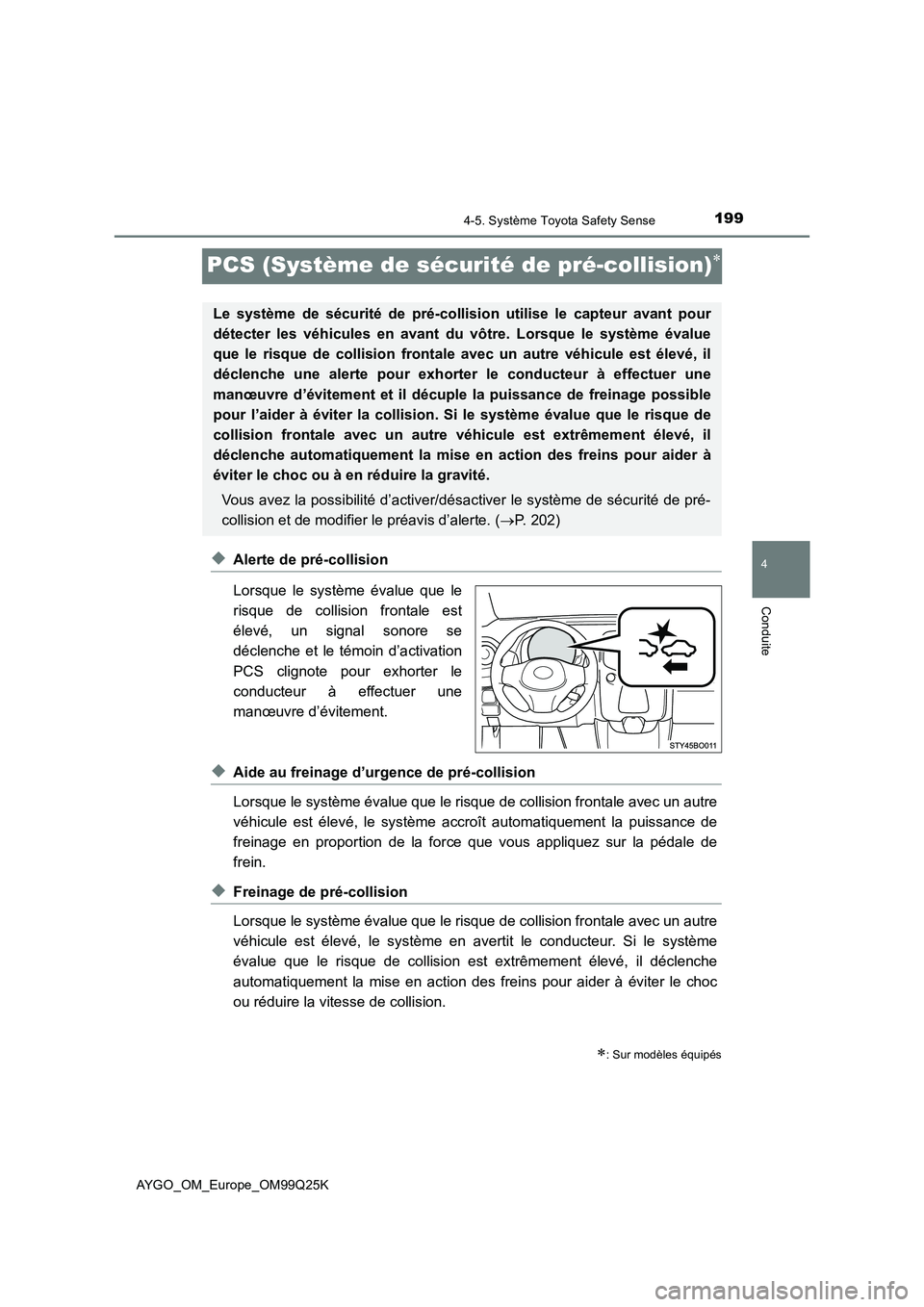 TOYOTA AYGO 2017 Notices Demploi (in French) 199
4
4-5. Système Toyota Safety Sense
Conduite
AYGO_OM_Europe_OM99Q25K
PCS (Système de sécurité de pré-collision)
◆Alerte de pré-collision
Lorsque le système évalue que le
risque de co TOYOTA AYGO 2017 Notices Demploi (in French) 199
4
4-5. Système Toyota Safety Sense
Conduite
AYGO_OM_Europe_OM99Q25K
PCS (Système de sécurité de pré-collision)
◆Alerte de pré-collision
Lorsque le système évalue que le
risque de co