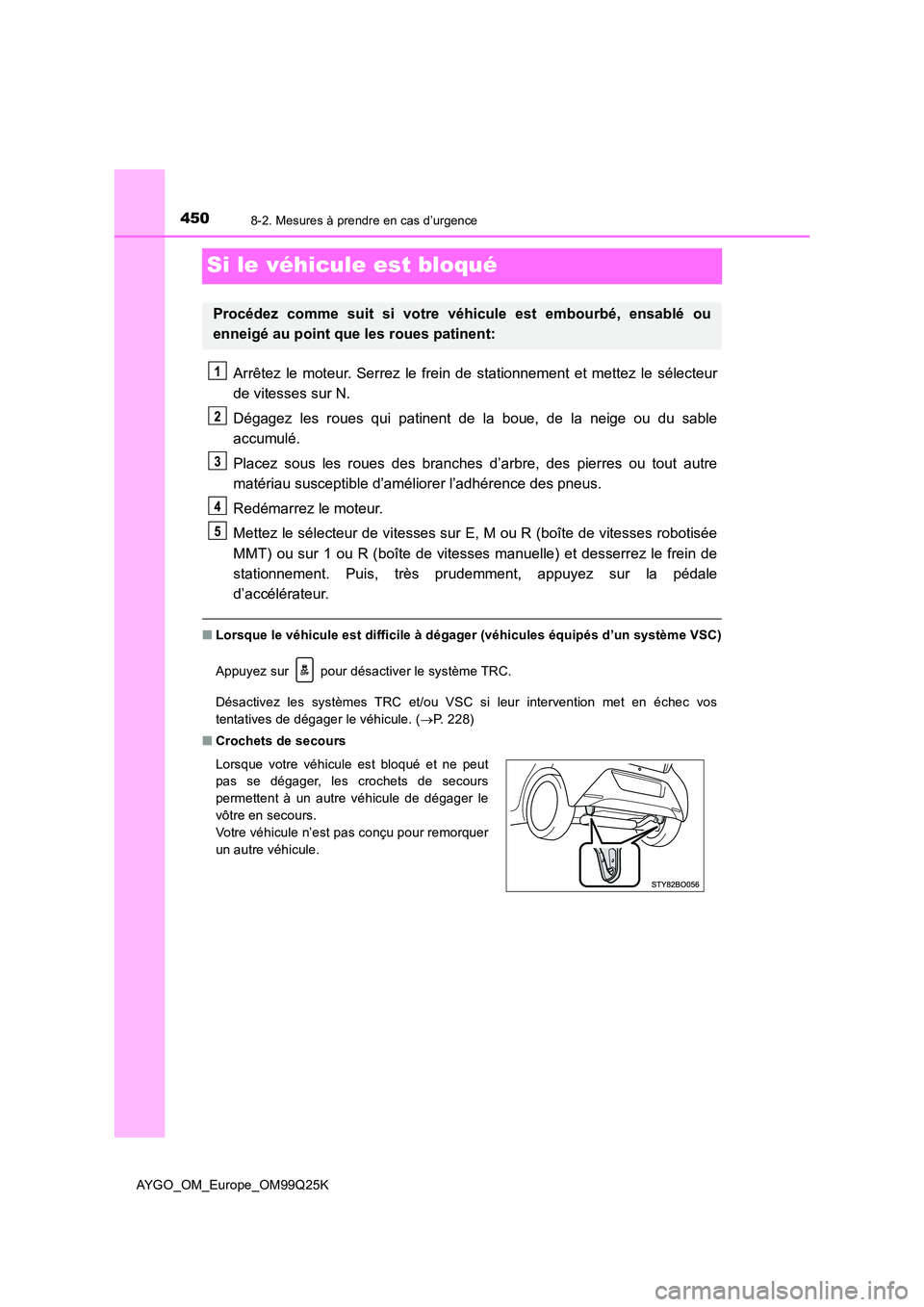 TOYOTA AYGO 2017 Notices Demploi (in French) 4508-2. Mesures à prendre en cas d’urgence
AYGO_OM_Europe_OM99Q25K
Si le véhicule est bloqué
Arrêtez le moteur. Serrez le frein de stationnement et mettez le sélecteur
de vitesses sur N.
Dég TOYOTA AYGO 2017 Notices Demploi (in French) 4508-2. Mesures à prendre en cas d’urgence
AYGO_OM_Europe_OM99Q25K
Si le véhicule est bloqué
Arrêtez le moteur. Serrez le frein de stationnement et mettez le sélecteur
de vitesses sur N.
Dég