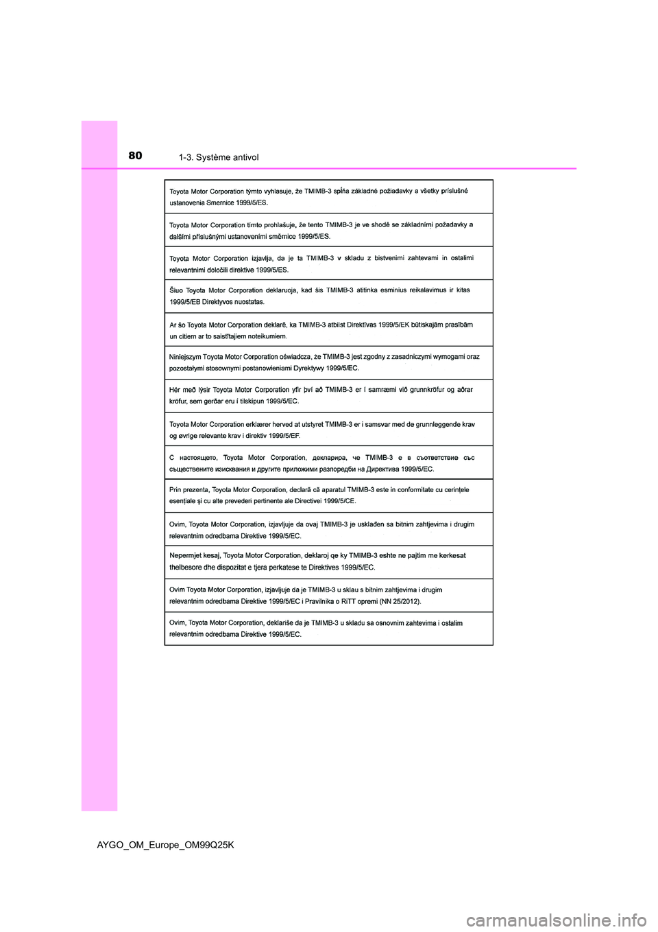 TOYOTA AYGO 2017  Notices Demploi (in French) 801-3. Système antivol
AYGO_OM_Europe_OM99Q25K 