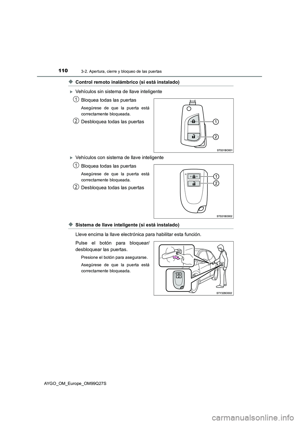 TOYOTA AYGO 2017  Manuale de Empleo (in Spanish) 1103-2. Apertura, cierre y bloqueo de las puertas
AYGO_OM_Europe_OM99Q27S
◆Control remoto inalámbrico (si está instalado)
Vehículos sin sistema de llave inteligente
Bloquea todas las puertas
A
