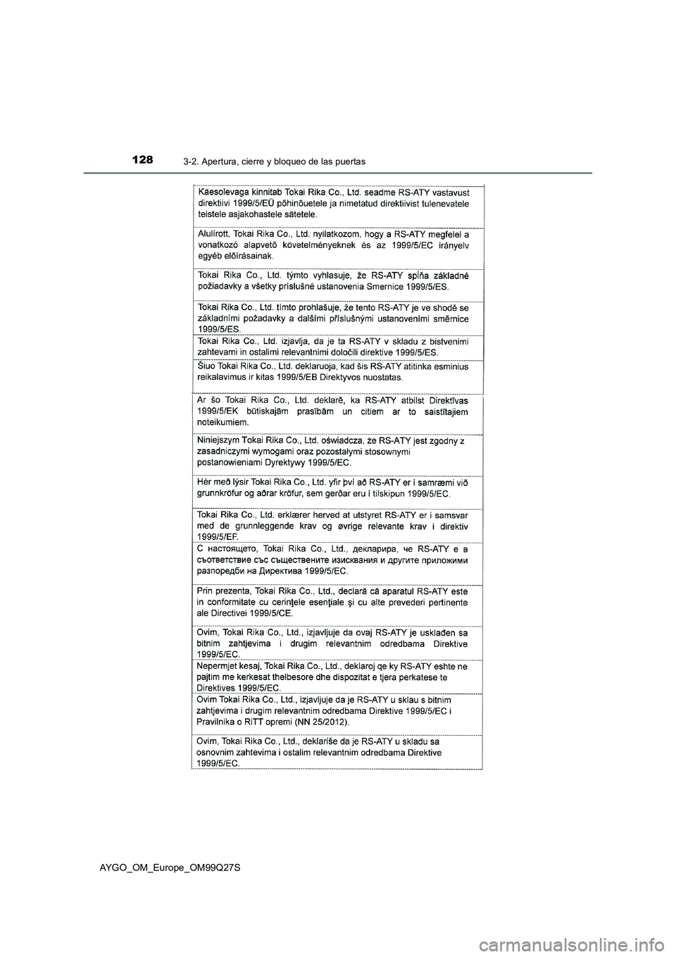 TOYOTA AYGO 2017  Manuale de Empleo (in Spanish) 1283-2. Apertura, cierre y bloqueo de las puertas
AYGO_OM_Europe_OM99Q27S 