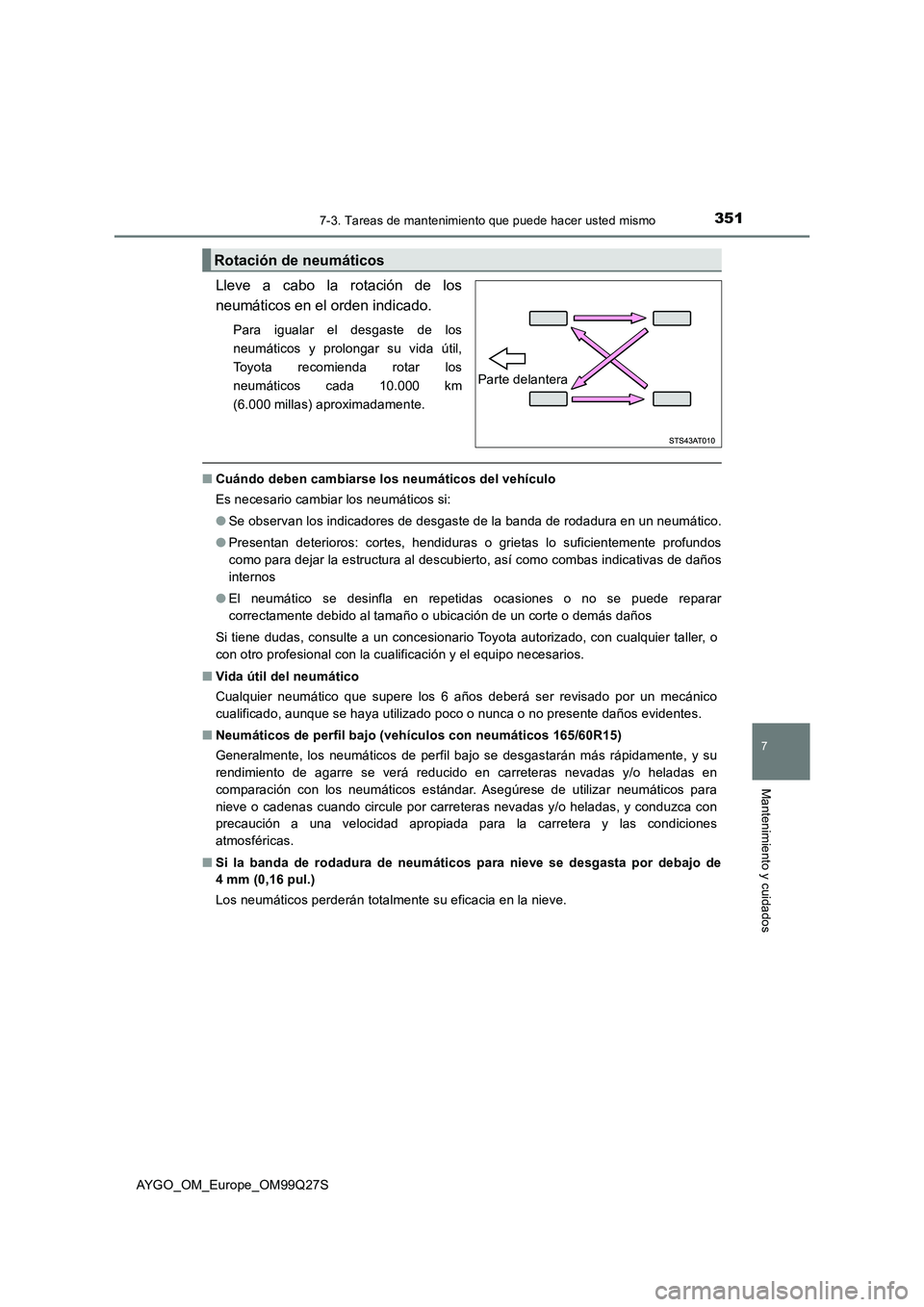 TOYOTA AYGO 2017  Manuale de Empleo (in Spanish) 3517-3. Tareas de mantenimiento que puede hacer usted mismo
7
Mantenimiento y cuidados
AYGO_OM_Europe_OM99Q27S
Lleve a cabo la rotación de los
neumáticos en el orden indicado. 
Para igualar el desga