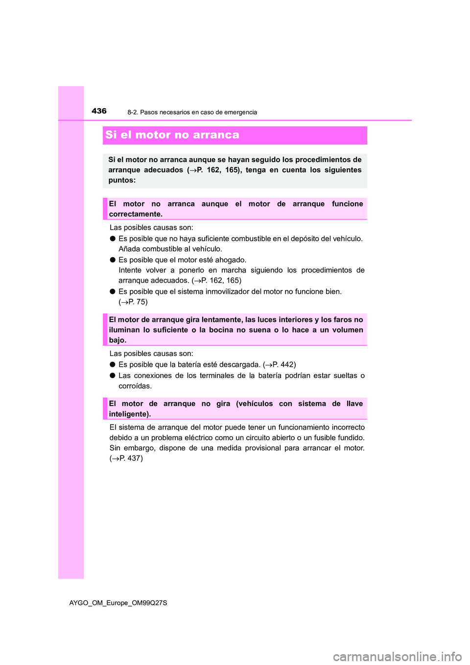 TOYOTA AYGO 2017 Manuale de Empleo (in Spanish) 4368-2. Pasos necesarios en caso de emergencia
AYGO_OM_Europe_OM99Q27S
Si el motor no arranca
Las posibles causas son:
● Es posible que no haya suficiente combustible en el depósito del vehículo. TOYOTA AYGO 2017 Manuale de Empleo (in Spanish) 4368-2. Pasos necesarios en caso de emergencia
AYGO_OM_Europe_OM99Q27S
Si el motor no arranca
Las posibles causas son:
● Es posible que no haya suficiente combustible en el depósito del vehículo.