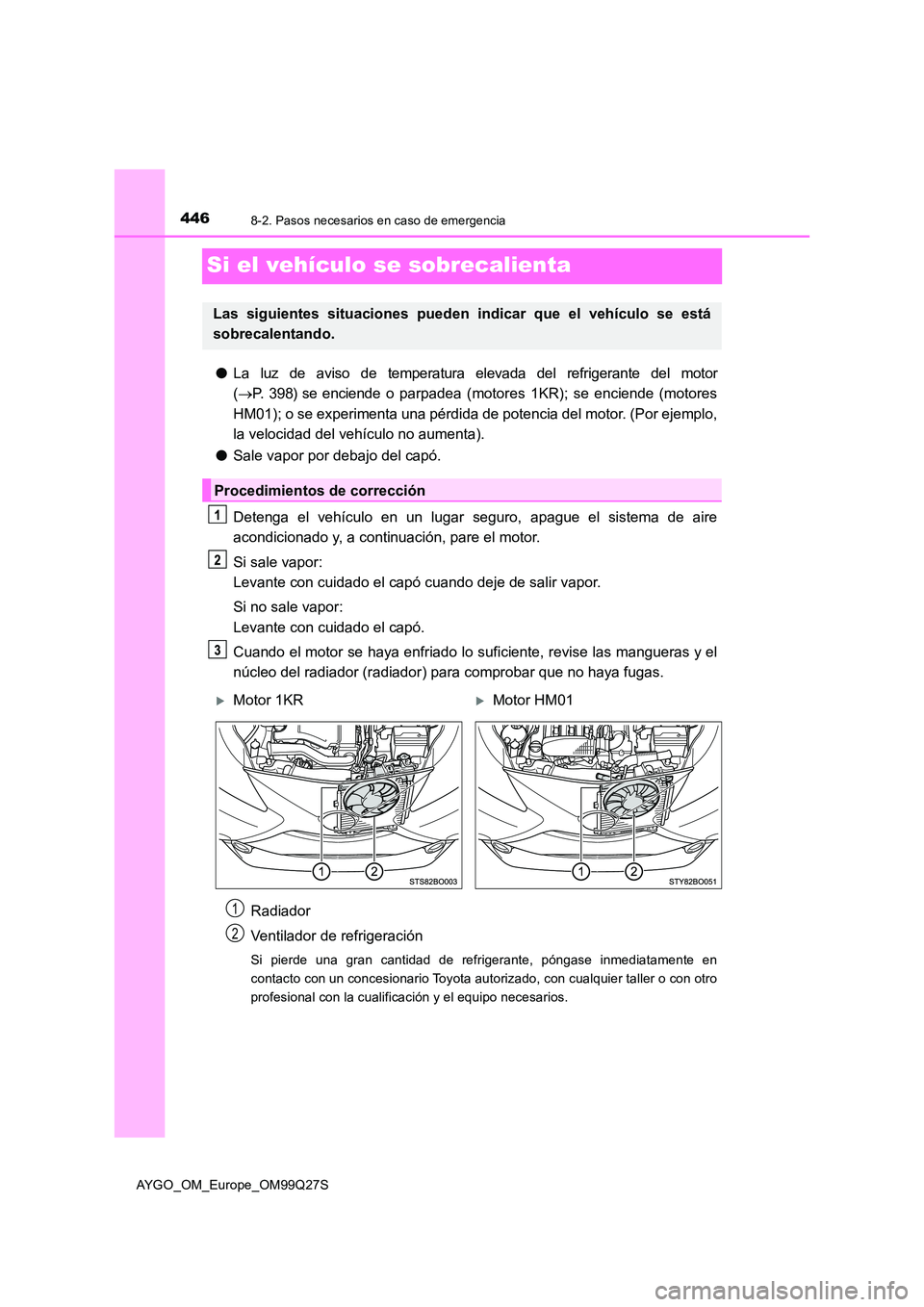 TOYOTA AYGO 2017 Manuale de Empleo (in Spanish) 4468-2. Pasos necesarios en caso de emergencia
AYGO_OM_Europe_OM99Q27S
Si el vehículo se sobrecalienta
●La luz de aviso de temperatura elevada del refrigerante del motor
( P. 398) se enciende o TOYOTA AYGO 2017 Manuale de Empleo (in Spanish) 4468-2. Pasos necesarios en caso de emergencia
AYGO_OM_Europe_OM99Q27S
Si el vehículo se sobrecalienta
●La luz de aviso de temperatura elevada del refrigerante del motor
( P. 398) se enciende o