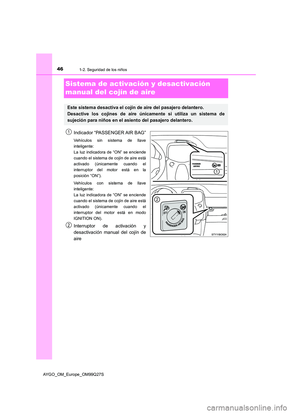 TOYOTA AYGO 2017 Manuale de Empleo (in Spanish) 461-2. Seguridad de los niños
AYGO_OM_Europe_OM99Q27S
Sistema de activación y desactivación
manual del cojín de aire
Indicador “PASSENGER AIR BAG”
Vehículos sin sistema de llave
inteligent TOYOTA AYGO 2017 Manuale de Empleo (in Spanish) 461-2. Seguridad de los niños
AYGO_OM_Europe_OM99Q27S
Sistema de activación y desactivación
manual del cojín de aire
Indicador “PASSENGER AIR BAG”
Vehículos sin sistema de llave
inteligent