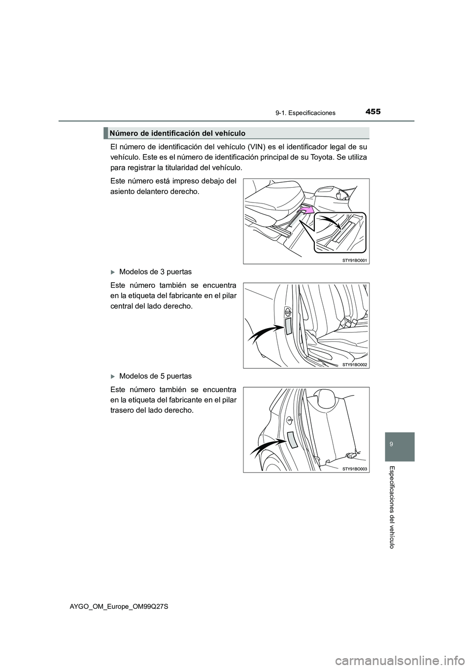 TOYOTA AYGO 2017 Manuale de Empleo (in Spanish) 4559-1. Especificaciones
9
Especificaciones del vehículo
AYGO_OM_Europe_OM99Q27S
El número de identificación del vehículo (VIN) es el identificador legal de su
vehículo. Este es el número de ide TOYOTA AYGO 2017 Manuale de Empleo (in Spanish) 4559-1. Especificaciones
9
Especificaciones del vehículo
AYGO_OM_Europe_OM99Q27S
El número de identificación del vehículo (VIN) es el identificador legal de su
vehículo. Este es el número de ide