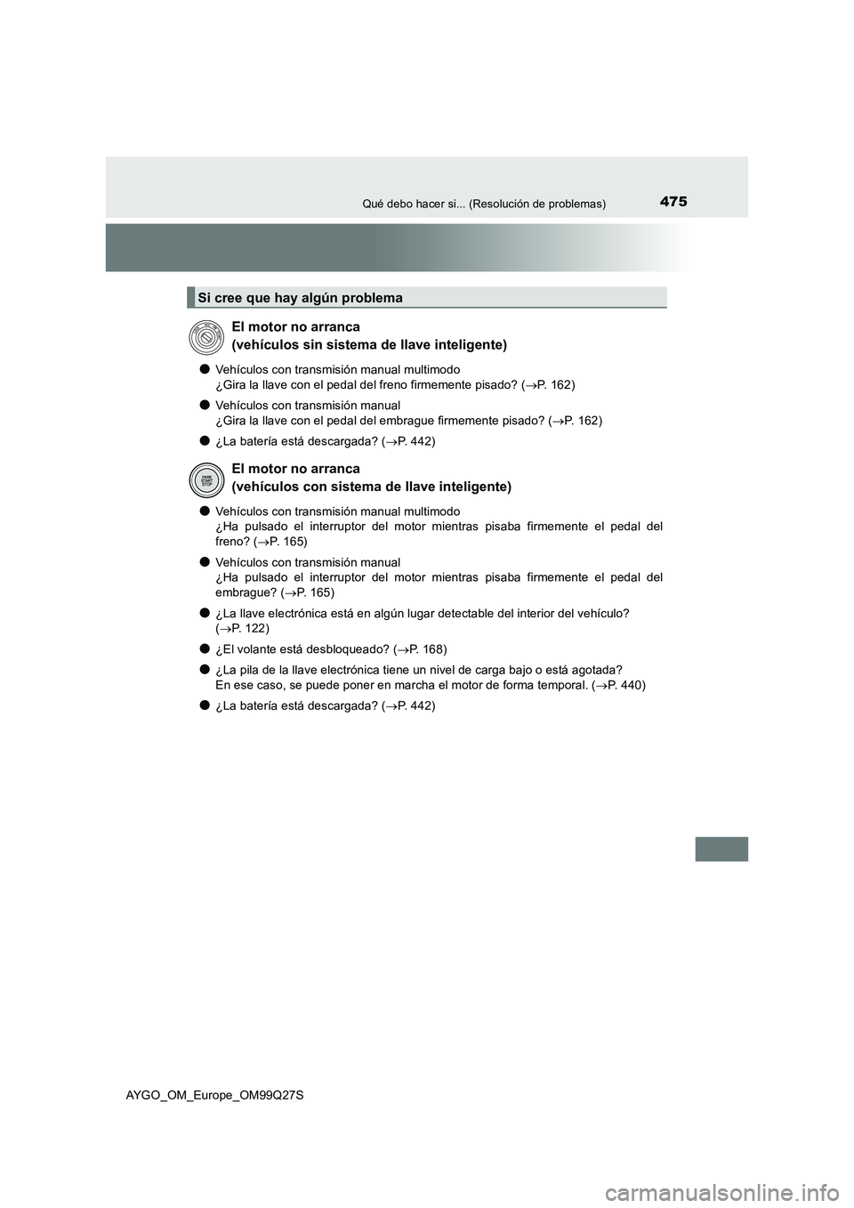 TOYOTA AYGO 2017 Manuale de Empleo (in Spanish) 475Qué debo hacer si... (Resolución de problemas)
AYGO_OM_Europe_OM99Q27S
●Vehículos con transmisión manual multimodo
¿Gira la llave con el pedal del freno firmemente pisado? ( P. 162)
●V TOYOTA AYGO 2017 Manuale de Empleo (in Spanish) 475Qué debo hacer si... (Resolución de problemas)
AYGO_OM_Europe_OM99Q27S
●Vehículos con transmisión manual multimodo
¿Gira la llave con el pedal del freno firmemente pisado? ( P. 162)
●V