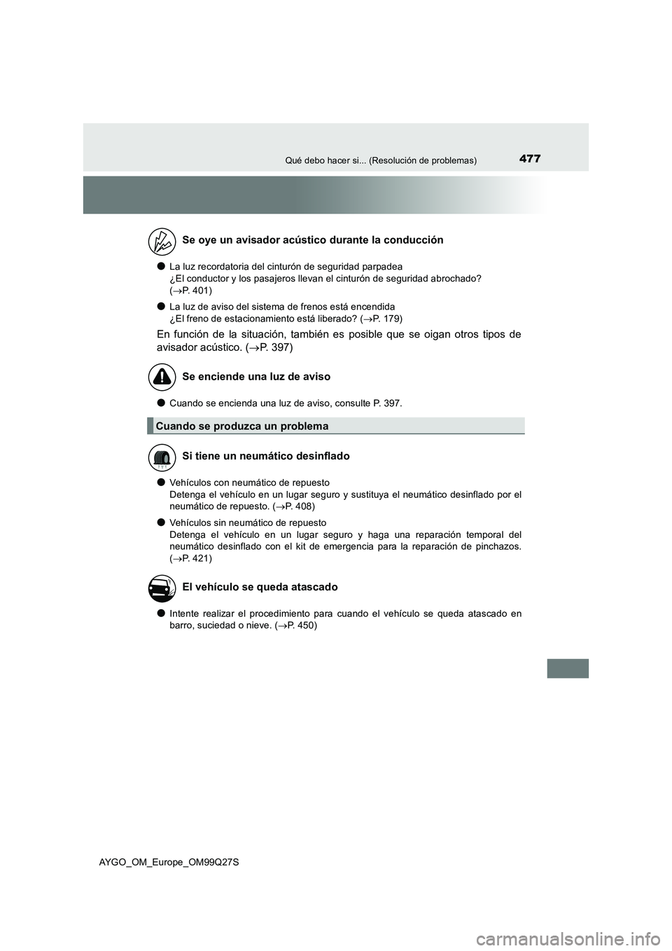 TOYOTA AYGO 2017 Manuale de Empleo (in Spanish) 477Qué debo hacer si... (Resolución de problemas)
AYGO_OM_Europe_OM99Q27S
●La luz recordatoria del cinturón de seguridad parpadea
¿El conductor y los pasajeros llevan el cinturón de seguridad TOYOTA AYGO 2017 Manuale de Empleo (in Spanish) 477Qué debo hacer si... (Resolución de problemas)
AYGO_OM_Europe_OM99Q27S
●La luz recordatoria del cinturón de seguridad parpadea
¿El conductor y los pasajeros llevan el cinturón de seguridad