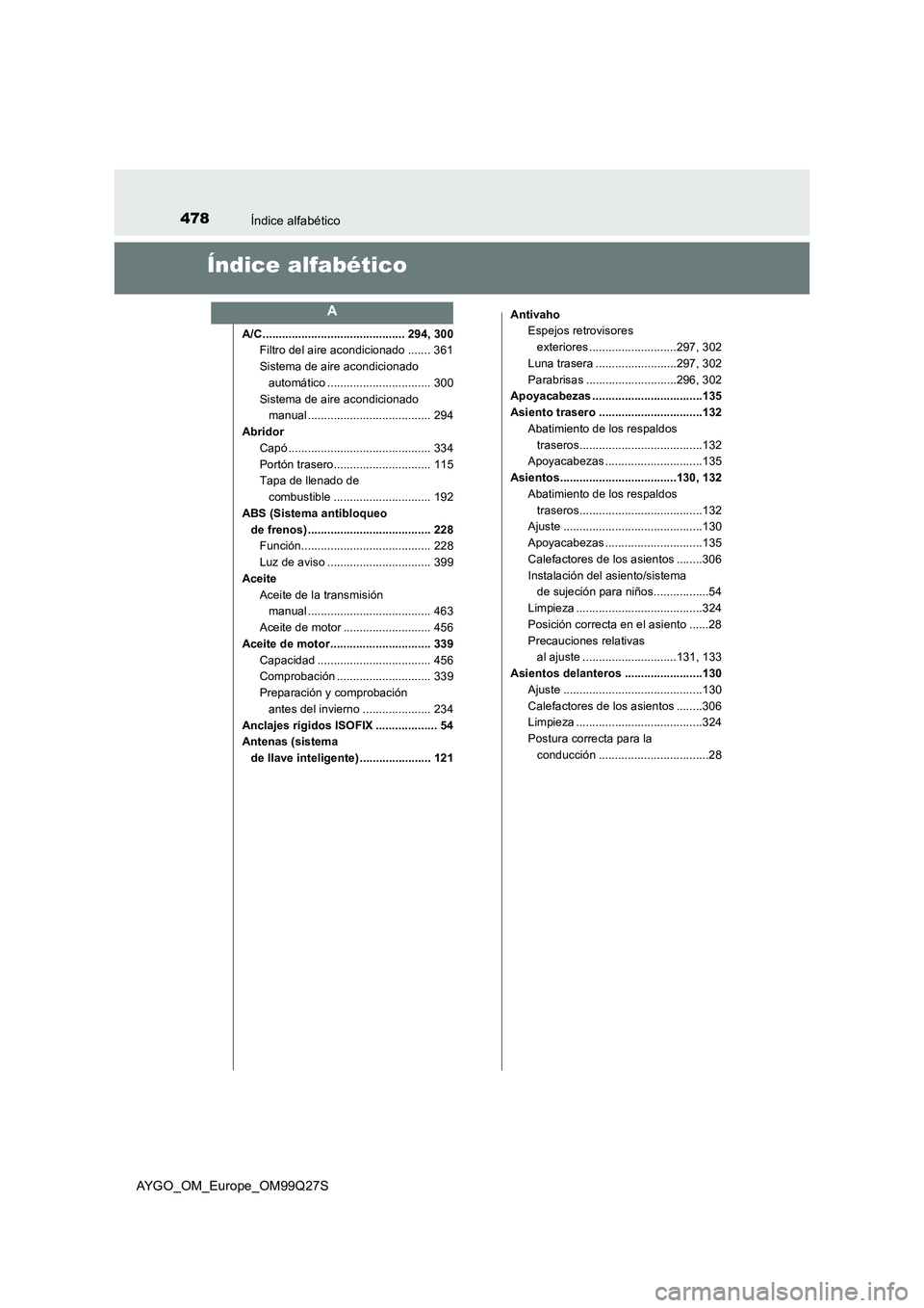 TOYOTA AYGO 2017 Manuale de Empleo (in Spanish) 478Índice alfabético
AYGO_OM_Europe_OM99Q27S
Índice alfabético
A/C ............................................ 294, 300
Filtro del aire acondicionado ....... 361
Sistema de aire acondicionado
au TOYOTA AYGO 2017 Manuale de Empleo (in Spanish) 478Índice alfabético
AYGO_OM_Europe_OM99Q27S
Índice alfabético
A/C ............................................ 294, 300
Filtro del aire acondicionado ....... 361
Sistema de aire acondicionado
au