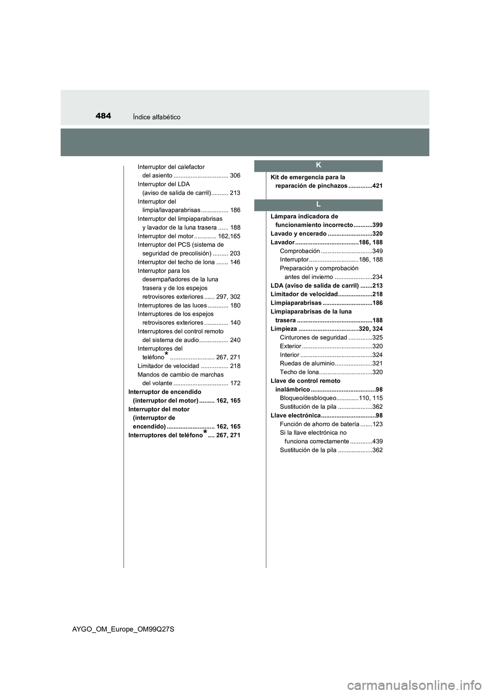 TOYOTA AYGO 2017 Manuale de Empleo (in Spanish) 484Índice alfabético
AYGO_OM_Europe_OM99Q27S
Interruptor del calefactor
del asiento ................................ 306
Interruptor del LDA
(aviso de salida de carril).......... 213
Interruptor d TOYOTA AYGO 2017 Manuale de Empleo (in Spanish) 484Índice alfabético
AYGO_OM_Europe_OM99Q27S
Interruptor del calefactor
del asiento ................................ 306
Interruptor del LDA
(aviso de salida de carril).......... 213
Interruptor d