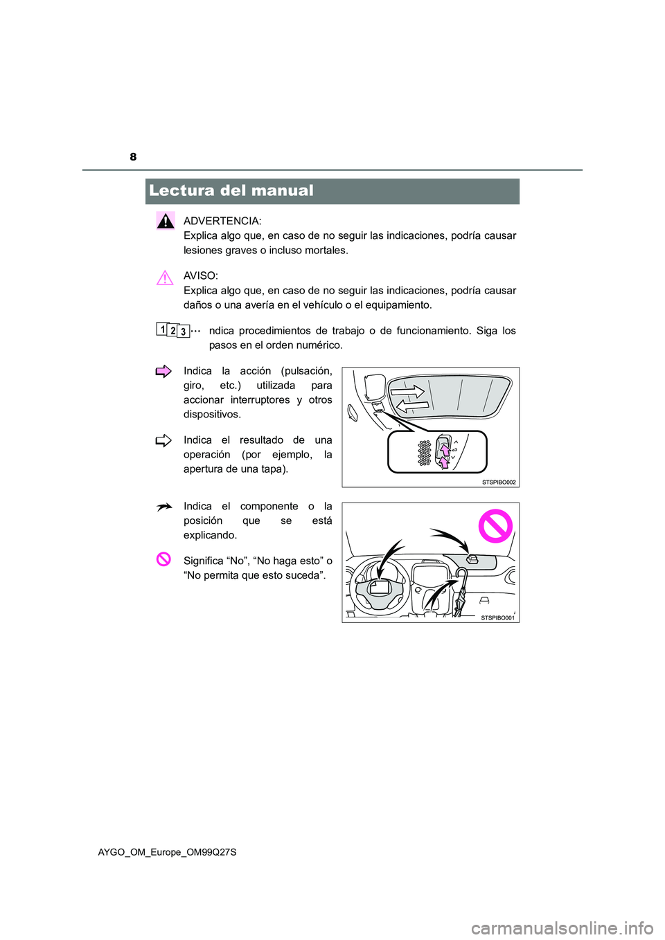TOYOTA AYGO 2017  Manuale de Empleo (in Spanish) 8
AYGO_OM_Europe_OM99Q27S
Lectura del manual
ADVERTENCIA: 
Explica algo que, en caso de no seguir las indicaciones, podría causar
lesiones graves o incluso mortales.
AV I S O :  
Explica algo que, en