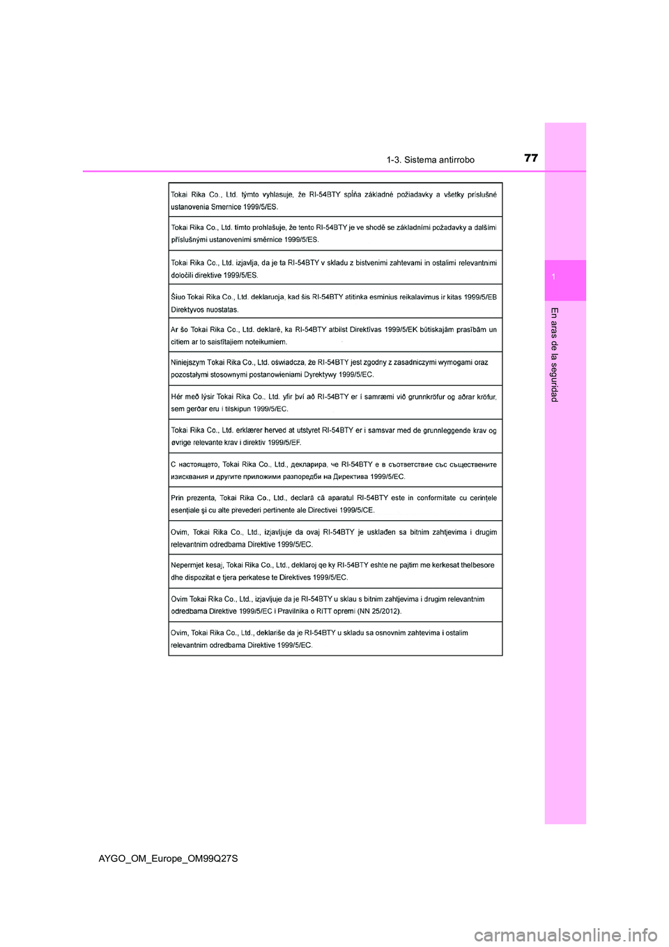 TOYOTA AYGO 2017  Manuale de Empleo (in Spanish) 771-3. Sistema antirrobo
1
En aras de la seguridad
AYGO_OM_Europe_OM99Q27S 