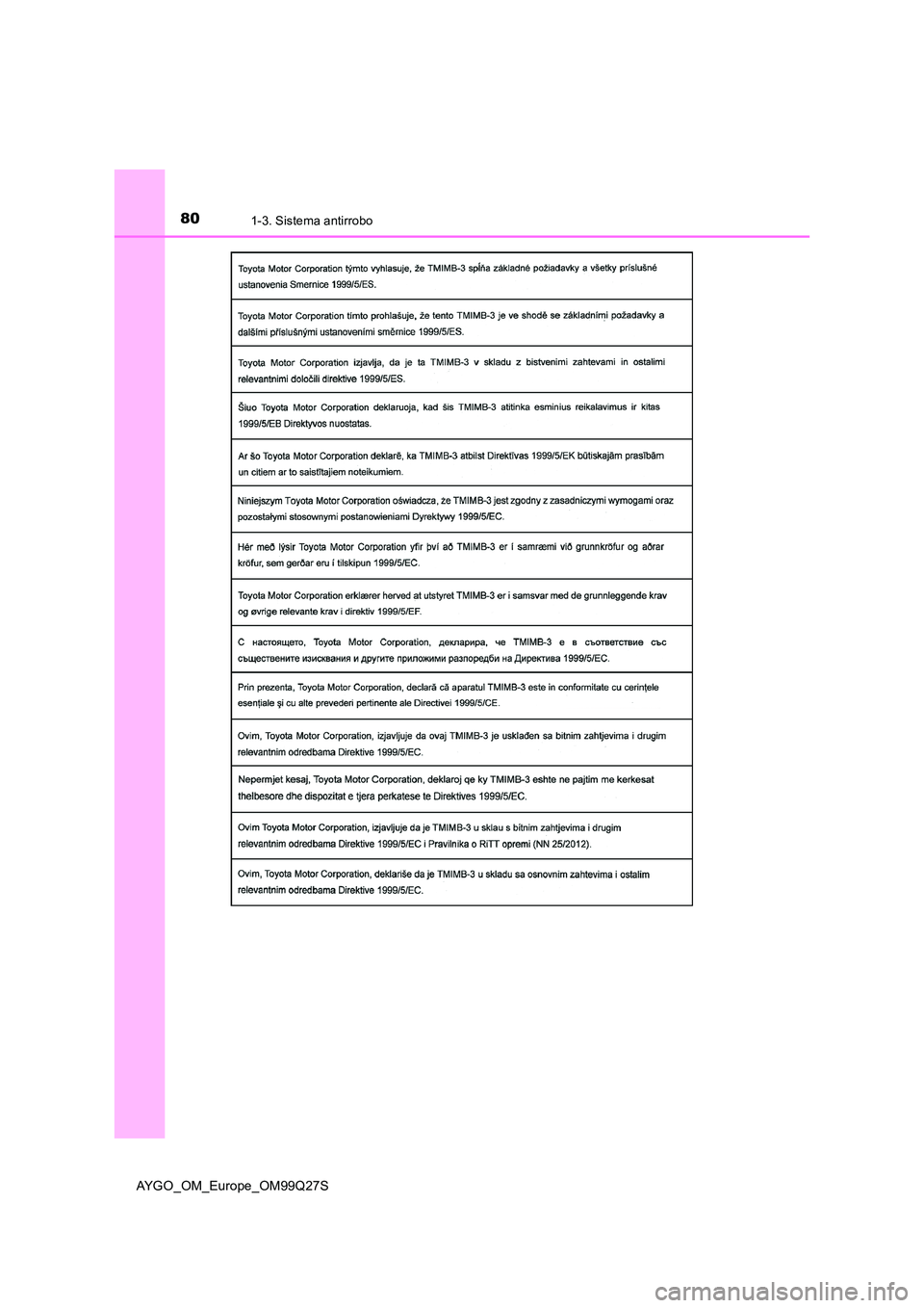 TOYOTA AYGO 2017  Manuale de Empleo (in Spanish) 801-3. Sistema antirrobo
AYGO_OM_Europe_OM99Q27S 