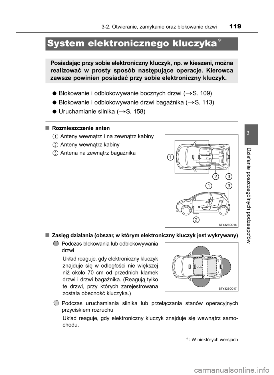 TOYOTA AYGO 2018  Instrukcja obsługi (in Polish) Blokowanie i odblokowywanie bocznych drzwi (S. 109)
Blokowanie i odblokowywanie drzwi baga˝nika (
S. 113)
Uruchamianie silnika (
S. 158)
Rozmieszczenie anten
Anteny wewnàtrz i na zewnàtrz kabiny