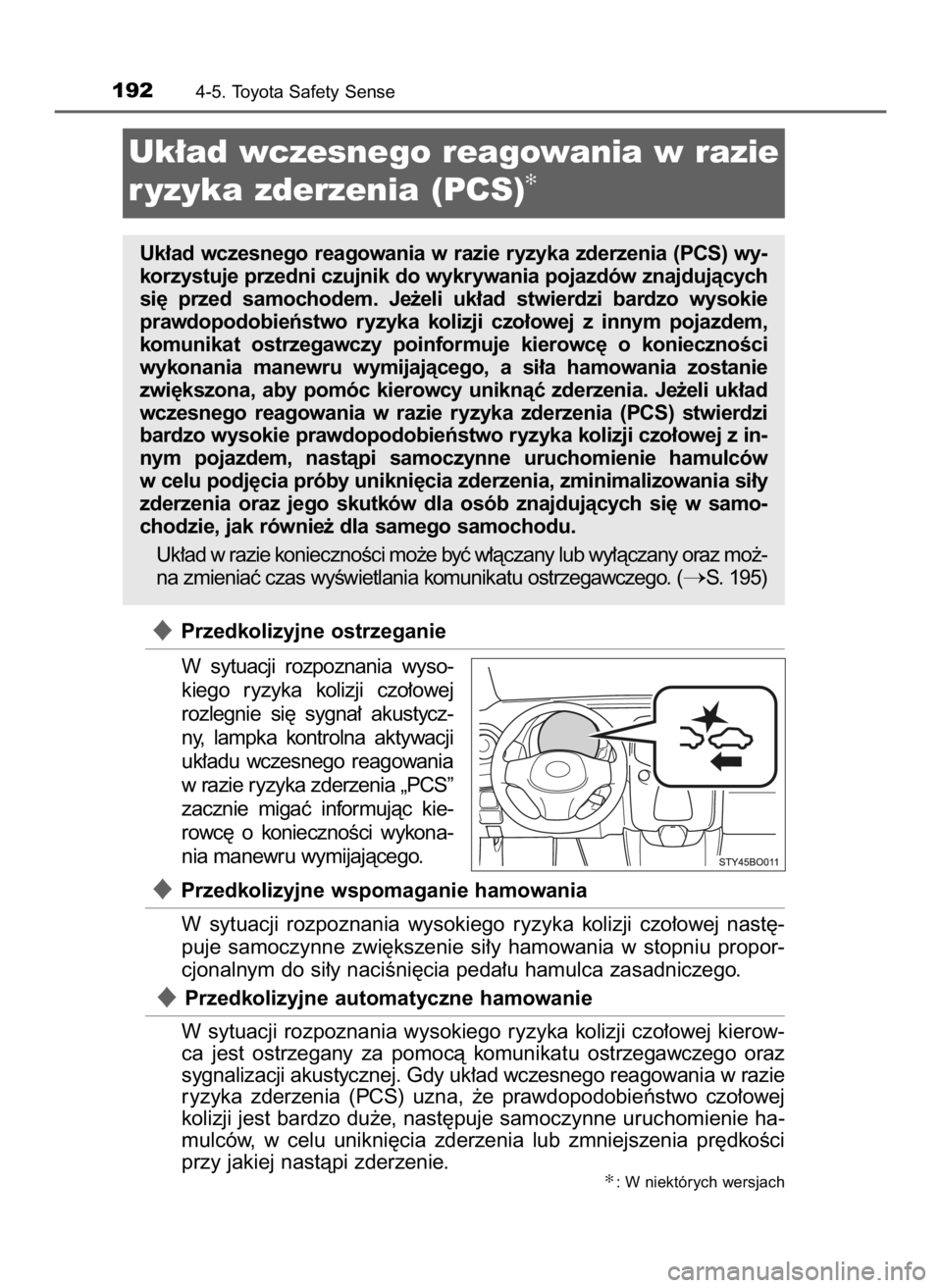 TOYOTA AYGO 2018  Instrukcja obsługi (in Polish) Przedkolizyjne ostrzeganie
W sytuacji  rozpoznania  wyso-
kiego  ryzyka  kolizji  czo∏owej
rozlegnie  si´  sygna∏  akustycz-
ny,  lampka  kontrolna  aktywacji
uk∏adu  wczesnego  reagowania
w r