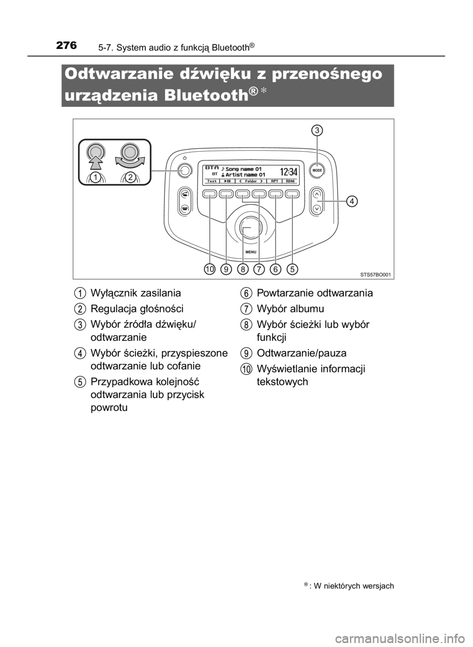 TOYOTA AYGO 2018 Instrukcja obsługi (in Polish) 2765-7. System audio z funkcjà Bluetooth®
Odtwarzanie dêwi´ku z przenoÊnego
urzàdzenia Bluetooth
®✻
Wy∏àcznik zasilania
Regulacja g∏oÊnoÊci
Wybór êród∏a dêwi´ku/
odtwarzanie
Wyb TOYOTA AYGO 2018 Instrukcja obsługi (in Polish) 2765-7. System audio z funkcjà Bluetooth®
Odtwarzanie dêwi´ku z przenoÊnego
urzàdzenia Bluetooth
®✻
Wy∏àcznik zasilania
Regulacja g∏oÊnoÊci
Wybór êród∏a dêwi´ku/
odtwarzanie
Wyb