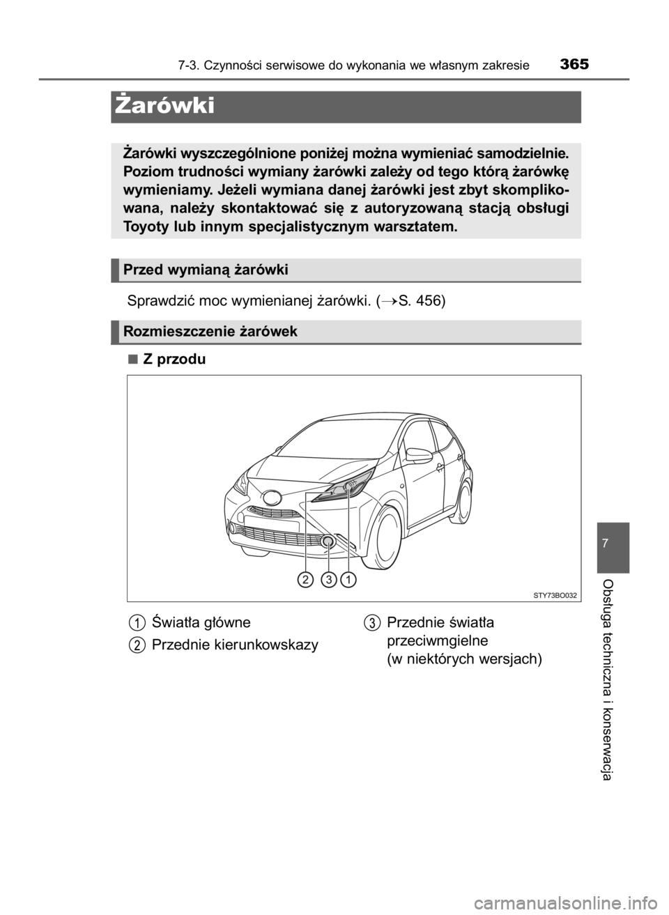 TOYOTA AYGO 2018  Instrukcja obsługi (in Polish) Sprawdziç moc wymienianej ˝arówki. (S. 456)
Z przodu
7-3. CzynnoÊci serwisowe do wykonania we w∏asnym zakresie365
7
Obs∏uga techniczna i konserwacja
˚arówki
˚arówki wyszczególnione poni