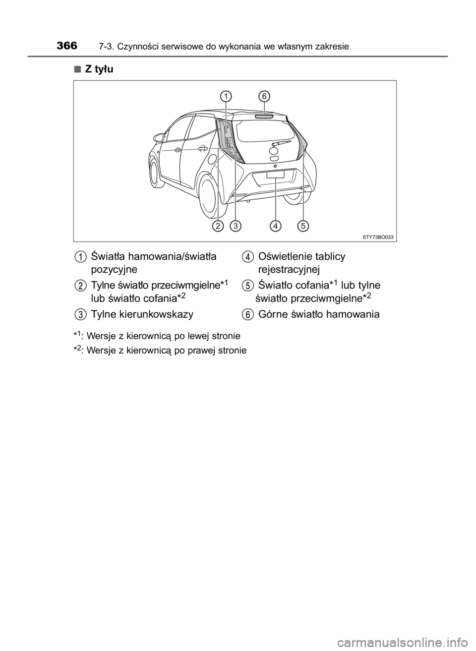 TOYOTA AYGO 2018  Instrukcja obsługi (in Polish) Z ty∏u
*1: Wersje z kierownicà po lewej stronie
*
2: Wersje z kierownicà po prawej stronie
3667-3. CzynnoÊci serwisowe do wykonania we w∏asnym zakresie
Âwiat∏a hamowania/Êwiat∏a
pozycyjne