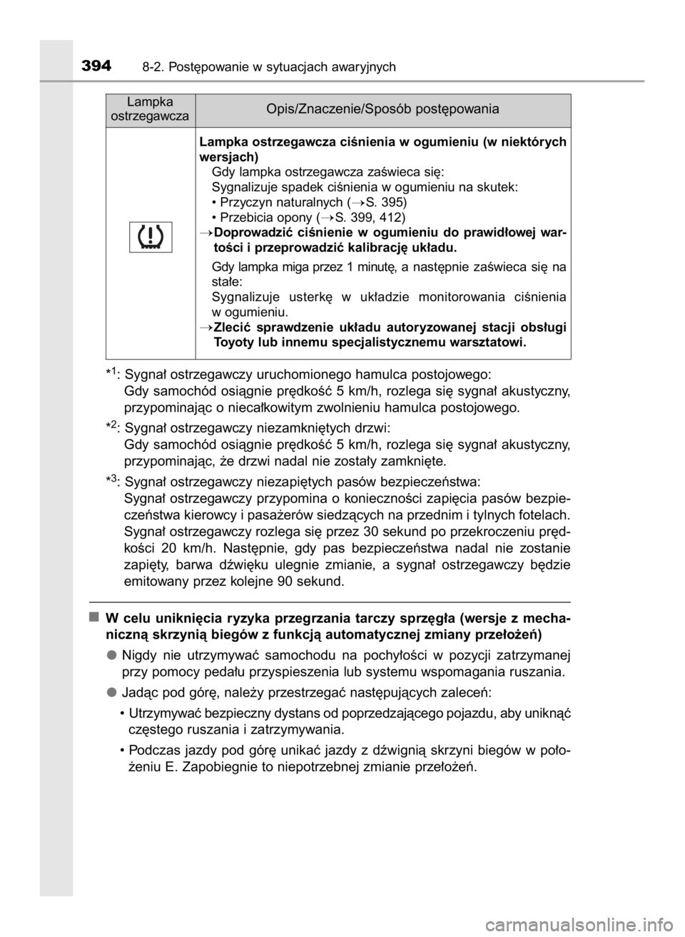 TOYOTA AYGO 2018  Instrukcja obsługi (in Polish) *1: Sygna∏ ostrzegawczy uruchomionego hamulca postojowego:
Gdy  samochód  osiàgnie  pr´dkoÊç  5  km/h,  rozlega  si´  sygna∏  akustyczny,
przypominajàc o nieca∏kowitym zwolnieniu hamulca 