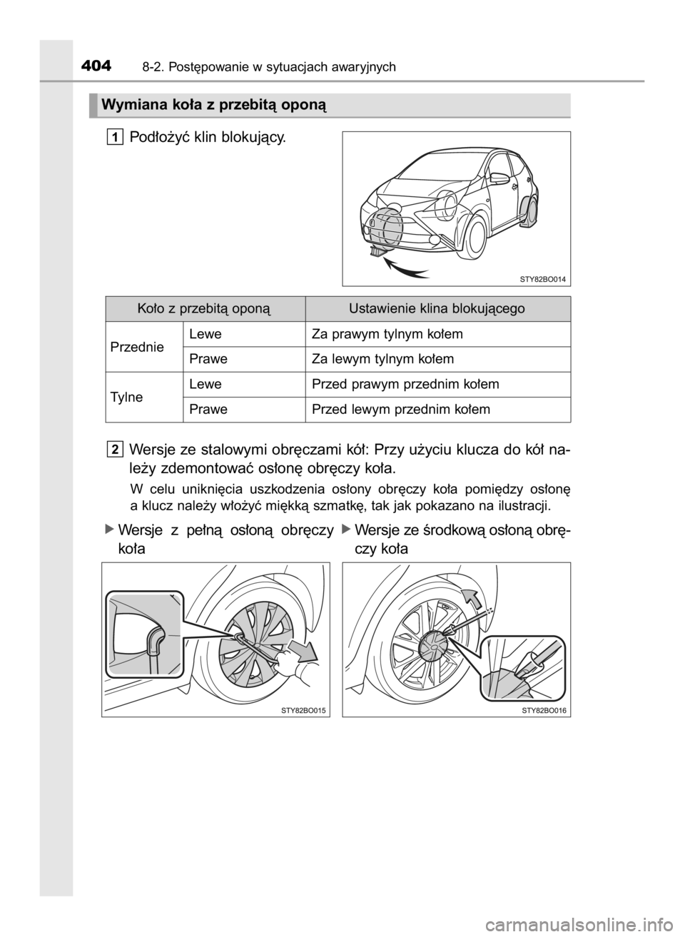 TOYOTA AYGO 2018  Instrukcja obsługi (in Polish) Pod∏o˝yç klin blokujàcy.
Wersje ze stalowymi obr´czami kó∏: Przy u˝yciu klucza do kó∏ na-
le˝y zdemontowaç os∏on´ obr´czy ko∏a.
W celu  unikni´cia  uszkodzenia  os∏ony  obr´cz