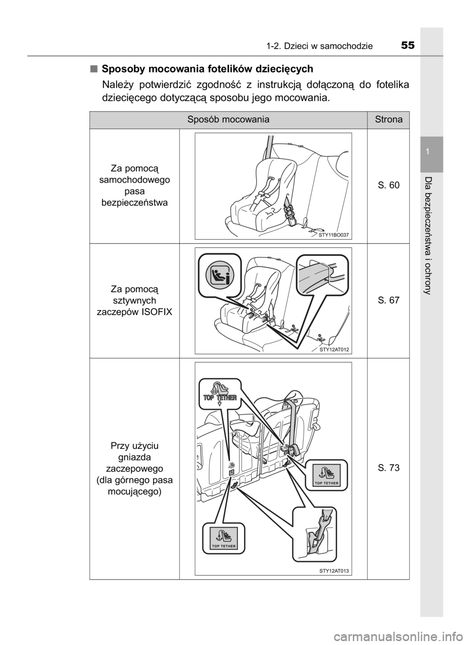 TOYOTA AYGO 2018  Instrukcja obsługi (in Polish) Sposoby mocowania fotelików dzieci´cych
Nale˝y  potwierdziç  zgodnoÊç  z instrukcjà  do∏àczonà  do  fotelika
dzieci´cego dotyczàcà sposobu jego mocowania.
1-2. Dzieci w samochodzie55
1
D