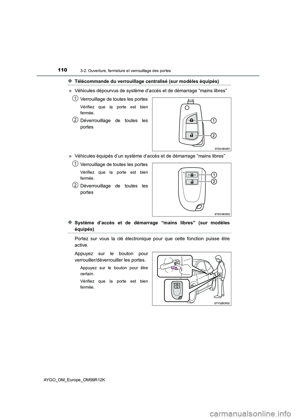 TOYOTA AYGO 2018  Notices Demploi (in French) 1103-2. Ouverture, fermeture et verrouillage des portes
AYGO_OM_Europe_OM99R12K
◆Télécommande du verrouillage centralisé (sur modèles équipés)
Véhicules dépourvus de système d’accès e