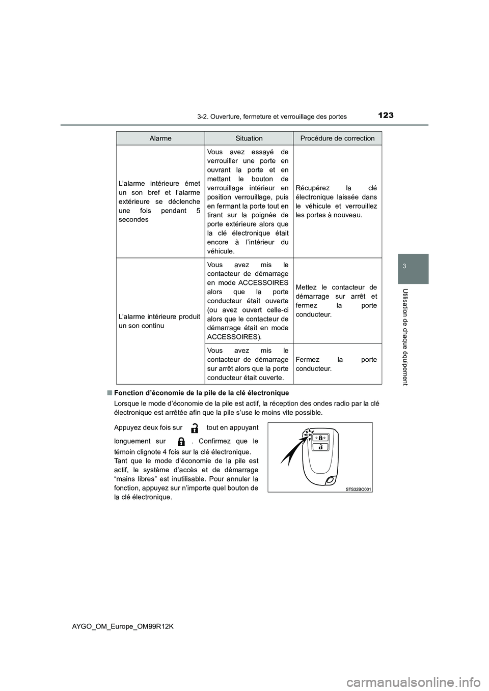 TOYOTA AYGO 2018 Notices Demploi (in French) 1233-2. Ouverture, fermeture et verrouillage des portes
3
Utilisation de chaque équipement
AYGO_OM_Europe_OM99R12K
■ Fonction d’économie de la pile de la clé électronique
Lorsque le mode d TOYOTA AYGO 2018 Notices Demploi (in French) 1233-2. Ouverture, fermeture et verrouillage des portes
3
Utilisation de chaque équipement
AYGO_OM_Europe_OM99R12K
■ Fonction d’économie de la pile de la clé électronique
Lorsque le mode d