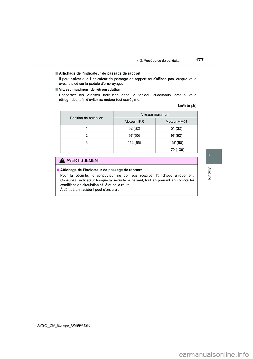 TOYOTA AYGO 2018 Notices Demploi (in French) 1774-2. Procédures de conduite
4
Conduite
AYGO_OM_Europe_OM99R12K
■Affichage de l’indicateur de passage de rapport
Il peut arriver que l’indicateur de passage de rapport ne s’affiche pas lor TOYOTA AYGO 2018 Notices Demploi (in French) 1774-2. Procédures de conduite
4
Conduite
AYGO_OM_Europe_OM99R12K
■Affichage de l’indicateur de passage de rapport
Il peut arriver que l’indicateur de passage de rapport ne s’affiche pas lor