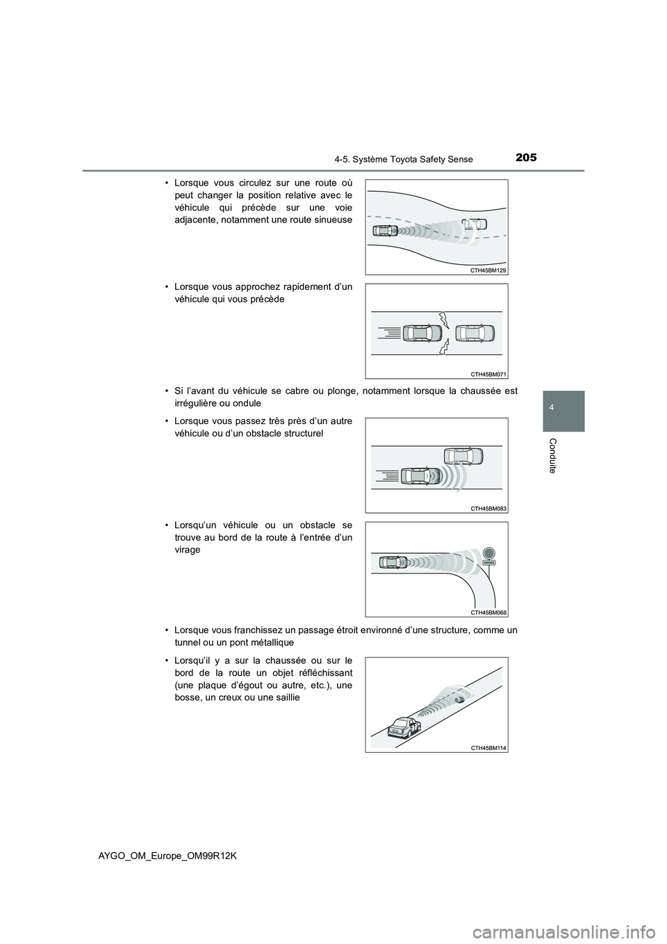 TOYOTA AYGO 2018 Notices Demploi (in French) 2054-5. Système Toyota Safety Sense
4
Conduite
AYGO_OM_Europe_OM99R12K
• Si l’avant du véhicule se cabre ou plonge, notamment lorsque la chaussée est
irrégulière ou ondule
• Lorsque vous TOYOTA AYGO 2018 Notices Demploi (in French) 2054-5. Système Toyota Safety Sense
4
Conduite
AYGO_OM_Europe_OM99R12K
• Si l’avant du véhicule se cabre ou plonge, notamment lorsque la chaussée est
irrégulière ou ondule
• Lorsque vous