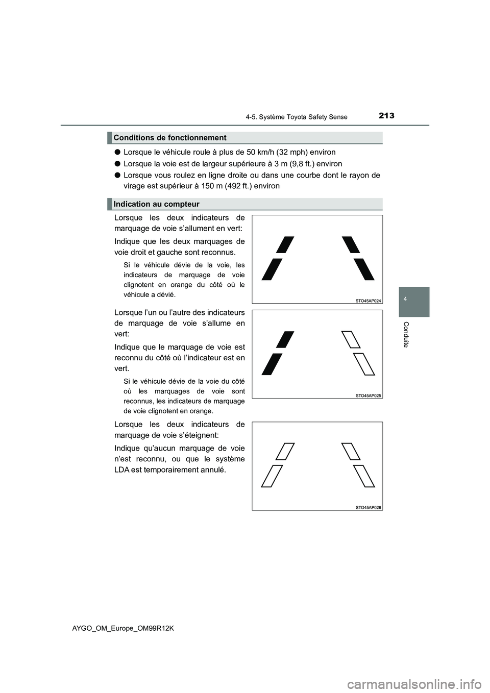 TOYOTA AYGO 2018 Notices Demploi (in French) 2134-5. Système Toyota Safety Sense
4
Conduite
AYGO_OM_Europe_OM99R12K
●Lorsque le véhicule roule à plus de 50 km/h (32 mph) environ
● Lorsque la voie est de largeur supérieure à 3 m (9,8 ft TOYOTA AYGO 2018 Notices Demploi (in French) 2134-5. Système Toyota Safety Sense
4
Conduite
AYGO_OM_Europe_OM99R12K
●Lorsque le véhicule roule à plus de 50 km/h (32 mph) environ
● Lorsque la voie est de largeur supérieure à 3 m (9,8 ft