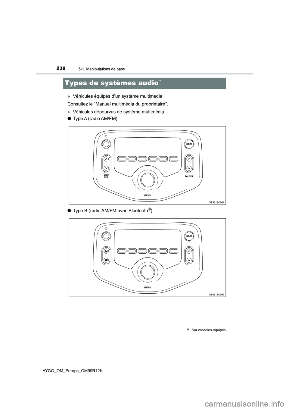 TOYOTA AYGO 2018 Notices Demploi (in French) 2385-1. Manipulations de base
AYGO_OM_Europe_OM99R12K
Types de systèmes audio
Véhicules équipés d’un système multimédia
Consultez le “Manuel multimédia du propriétaire”.
Véhic TOYOTA AYGO 2018 Notices Demploi (in French) 2385-1. Manipulations de base
AYGO_OM_Europe_OM99R12K
Types de systèmes audio
Véhicules équipés d’un système multimédia
Consultez le “Manuel multimédia du propriétaire”.
Véhic