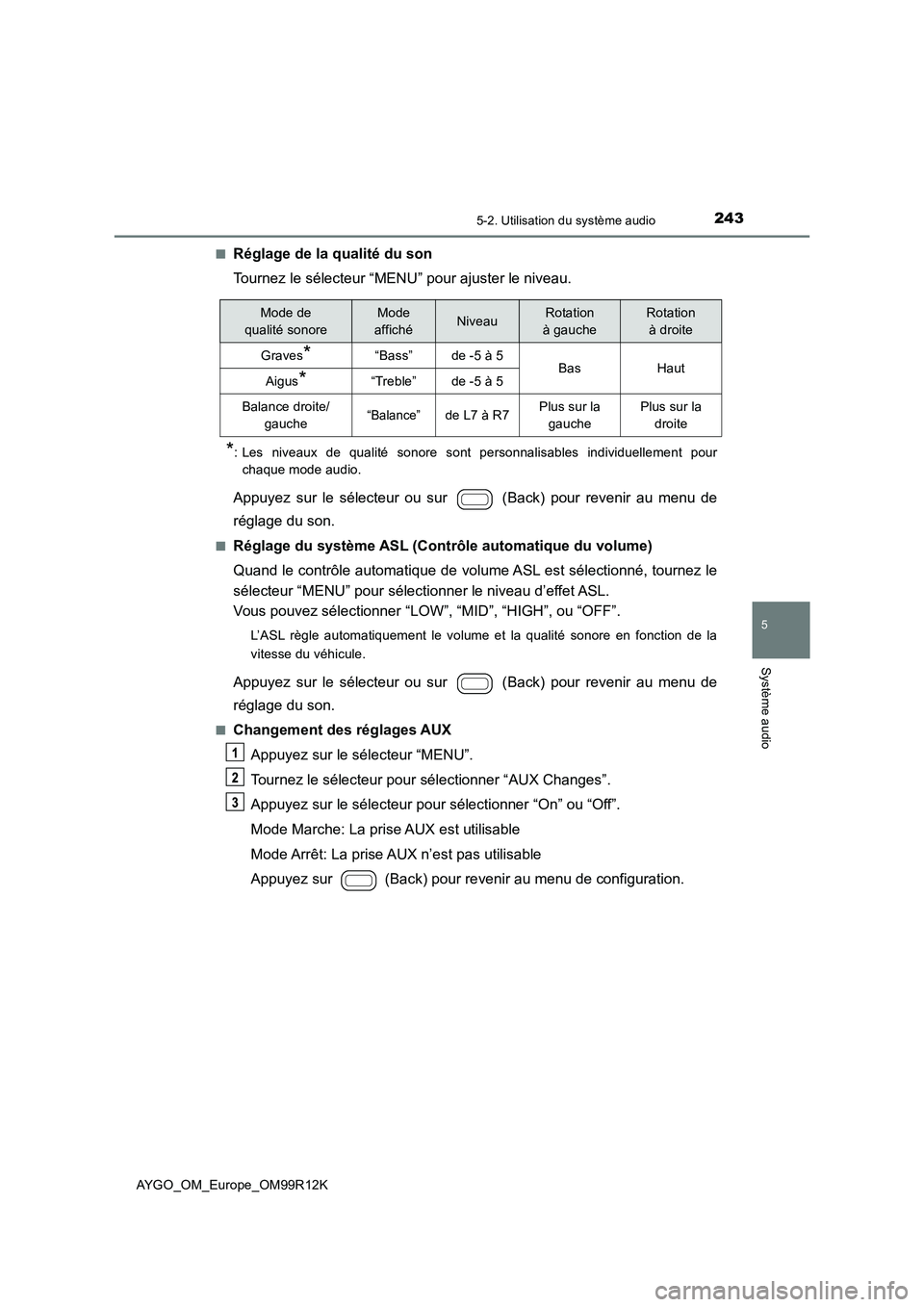 TOYOTA AYGO 2018 Notices Demploi (in French) 2435-2. Utilisation du système audio
5
Système audio
AYGO_OM_Europe_OM99R12K
■Réglage de la qualité du son
Tournez le sélecteur “MENU” pour ajuster le niveau.
*: Les niveaux de qualité s TOYOTA AYGO 2018 Notices Demploi (in French) 2435-2. Utilisation du système audio
5
Système audio
AYGO_OM_Europe_OM99R12K
■Réglage de la qualité du son
Tournez le sélecteur “MENU” pour ajuster le niveau.
*: Les niveaux de qualité s