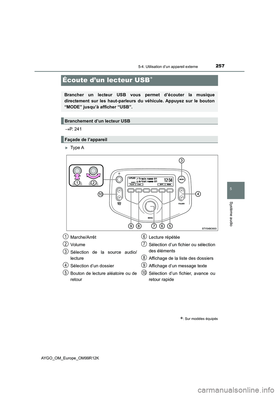 TOYOTA AYGO 2018 Notices Demploi (in French) 257
5
5-4. Utilisation d’un appareil externe
Système audio
AYGO_OM_Europe_OM99R12K
Écoute d’un lecteur USB
P. 241
Type A
: Sur modèles équipés
Brancher un lecteur USB vous permet TOYOTA AYGO 2018 Notices Demploi (in French) 257
5
5-4. Utilisation d’un appareil externe
Système audio
AYGO_OM_Europe_OM99R12K
Écoute d’un lecteur USB
P. 241
Type A
: Sur modèles équipés
Brancher un lecteur USB vous permet