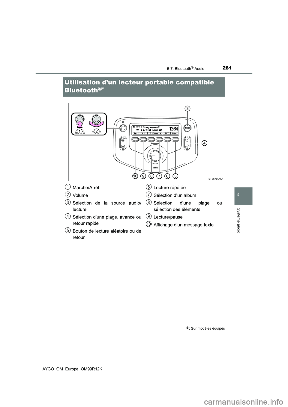 TOYOTA AYGO 2018  Notices Demploi (in French) 281
5
5-7. Bluetooth® Audio
Système audio
AYGO_OM_Europe_OM99R12K
Utilisation d’un lecteur portable compatible  
Bluetooth® 
: Sur modèles équipés
Marche/Arrêt 
Volume
Sélection de la 