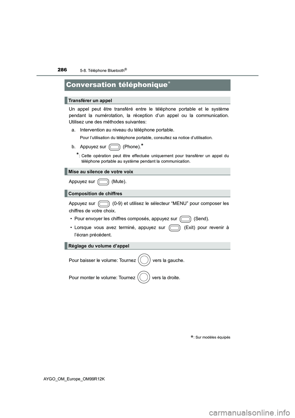 TOYOTA AYGO 2018  Notices Demploi (in French) 2865-8. Téléphone Bluetooth®
AYGO_OM_Europe_OM99R12K
Conversation téléphonique
Un appel peut être transféré entre le téléphone portable et le système 
pendant la numérotation, la récep