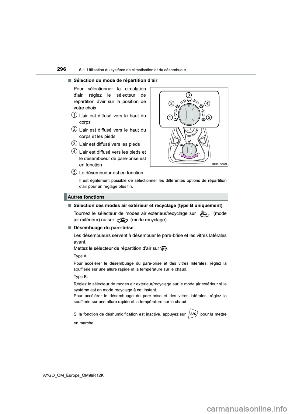 TOYOTA AYGO 2018 Notices Demploi (in French) 2966-1. Utilisation du système de climatisation et du désembueur
AYGO_OM_Europe_OM99R12K
■Sélection du mode de répartition d’air
Pour sélectionner la circulation
d’air, réglez le sélec TOYOTA AYGO 2018 Notices Demploi (in French) 2966-1. Utilisation du système de climatisation et du désembueur
AYGO_OM_Europe_OM99R12K
■Sélection du mode de répartition d’air
Pour sélectionner la circulation
d’air, réglez le sélec