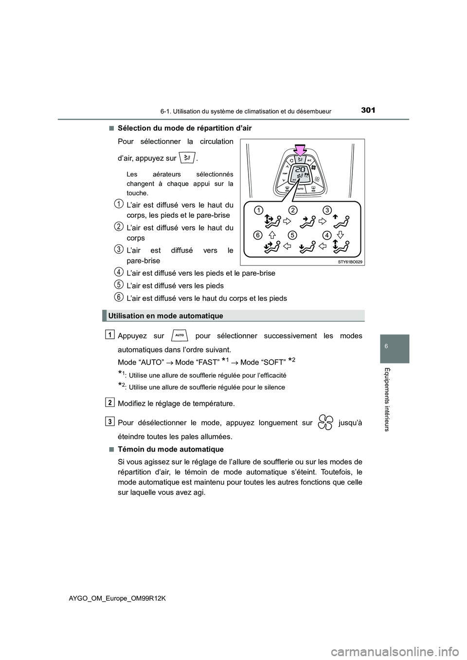 TOYOTA AYGO 2018 Notices Demploi (in French) 3016-1. Utilisation du système de climatisation et du désembueur
6
Équipements intérieurs
AYGO_OM_Europe_OM99R12K
■Sélection du mode de répartition d’air
Pour sélectionner la circulation TOYOTA AYGO 2018 Notices Demploi (in French) 3016-1. Utilisation du système de climatisation et du désembueur
6
Équipements intérieurs
AYGO_OM_Europe_OM99R12K
■Sélection du mode de répartition d’air
Pour sélectionner la circulation