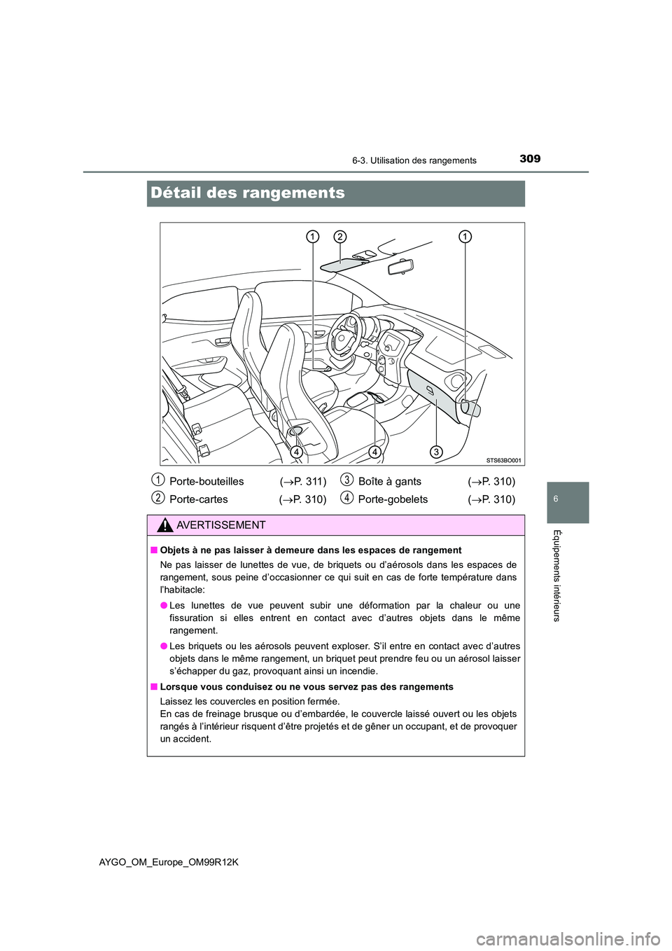 TOYOTA AYGO 2018 Notices Demploi (in French) 3096-3. Utilisation des rangements
6
Équipements intérieurs
AYGO_OM_Europe_OM99R12K
Détail des rangements
Porte-bouteilles (P. 311)
Porte-cartes ( P. 310)
Boîte à gants ( P. 310)
Por TOYOTA AYGO 2018 Notices Demploi (in French) 3096-3. Utilisation des rangements
6
Équipements intérieurs
AYGO_OM_Europe_OM99R12K
Détail des rangements
Porte-bouteilles (P. 311)
Porte-cartes ( P. 310)
Boîte à gants ( P. 310)
Por