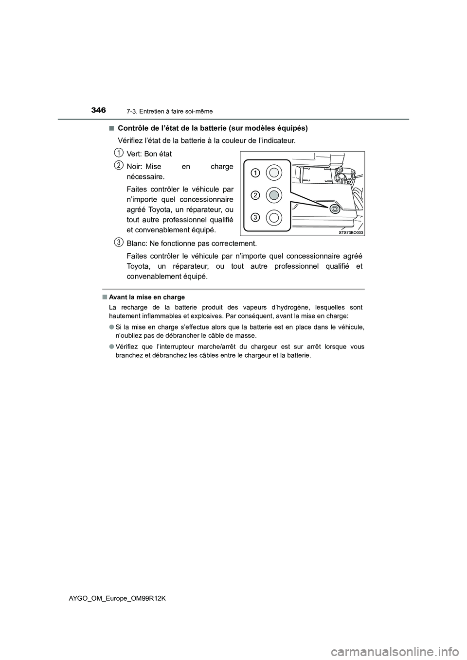 TOYOTA AYGO 2018  Notices Demploi (in French) 3467-3. Entretien à faire soi-même
AYGO_OM_Europe_OM99R12K 
■Contrôle de l’état de la batterie (sur modèles équipés) 
Vérifiez l’état de la batterie à la couleur de l’indicateur. 
Ve