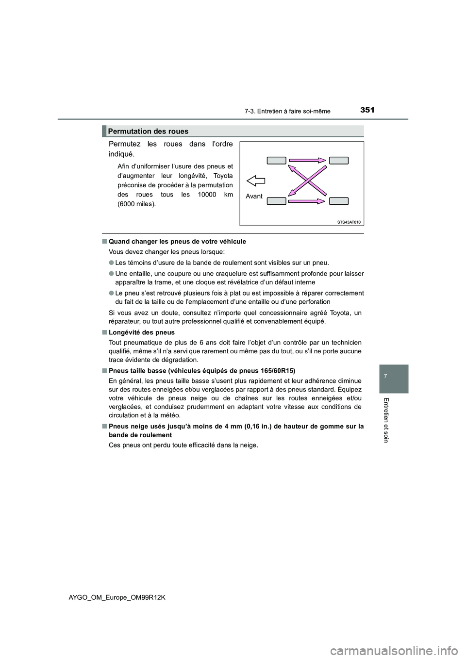 TOYOTA AYGO 2018 Notices Demploi (in French) 3517-3. Entretien à faire soi-même
7
Entretien et soin
AYGO_OM_Europe_OM99R12K
Permutez les roues dans l’ordre
indiqué.
Afin d’uniformiser l’usure des pneus et
d’augmenter leur longévit TOYOTA AYGO 2018 Notices Demploi (in French) 3517-3. Entretien à faire soi-même
7
Entretien et soin
AYGO_OM_Europe_OM99R12K
Permutez les roues dans l’ordre
indiqué.
Afin d’uniformiser l’usure des pneus et
d’augmenter leur longévit