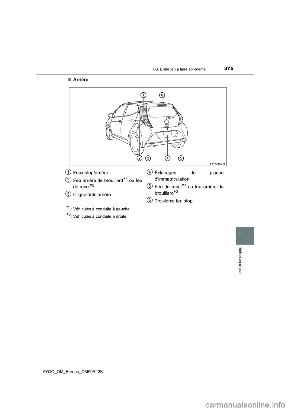 TOYOTA AYGO 2018  Notices Demploi (in French) 3757-3. Entretien à faire soi-même
7
Entretien et soin
AYGO_OM_Europe_OM99R12K 
■Arrière
*1: Véhicules à conduite à gauche
*2: Véhicules à conduite à droite
Feux stop/arrière 
Feu arrière