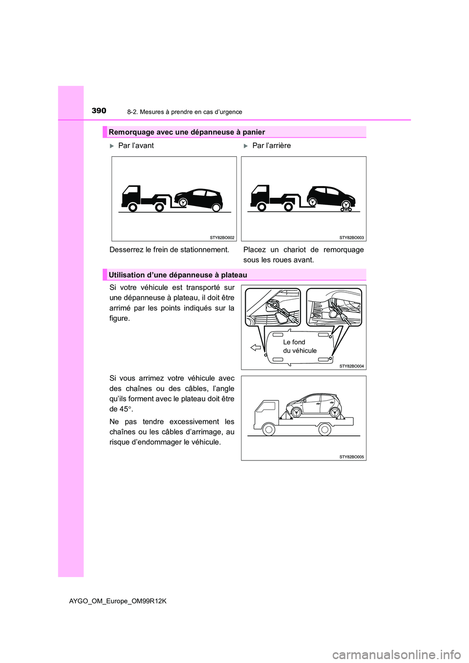 TOYOTA AYGO 2018 Notices Demploi (in French) 3908-2. Mesures à prendre en cas d’urgence
AYGO_OM_Europe_OM99R12K
Si votre véhicule est transporté sur
une dépanneuse à plateau, il doit être
arrimé par les points indiqués sur la
figure TOYOTA AYGO 2018 Notices Demploi (in French) 3908-2. Mesures à prendre en cas d’urgence
AYGO_OM_Europe_OM99R12K
Si votre véhicule est transporté sur
une dépanneuse à plateau, il doit être
arrimé par les points indiqués sur la
figure