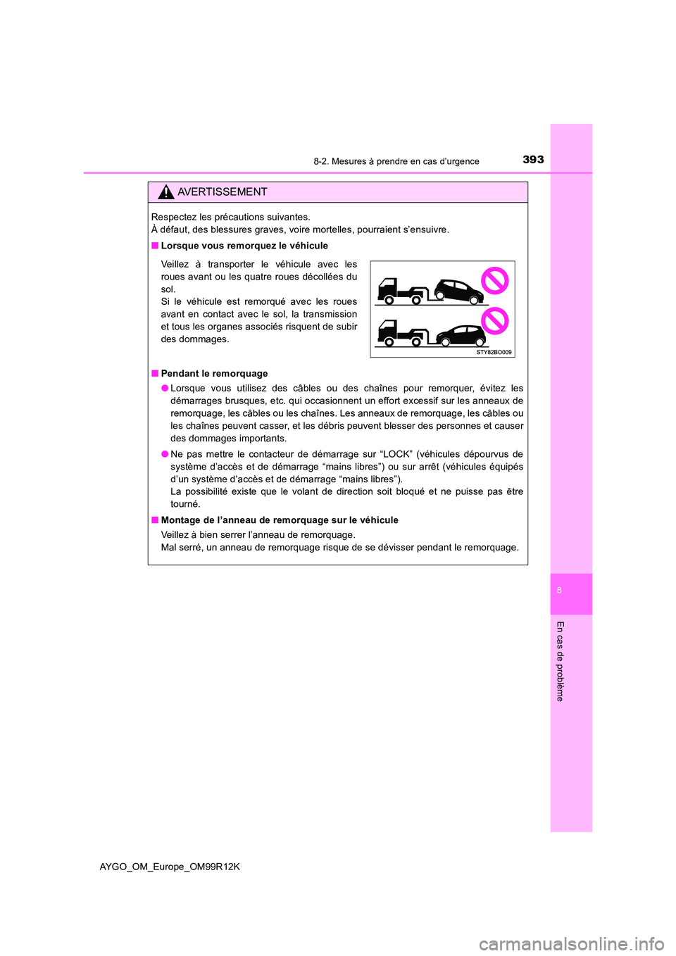 TOYOTA AYGO 2018 Notices Demploi (in French) 3938-2. Mesures à prendre en cas d’urgence
8
En cas de problème
AYGO_OM_Europe_OM99R12K
AVERTISSEMENT
Respectez les précautions suivantes.
À défaut, des blessures graves, voire mortelles, pou TOYOTA AYGO 2018 Notices Demploi (in French) 3938-2. Mesures à prendre en cas d’urgence
8
En cas de problème
AYGO_OM_Europe_OM99R12K
AVERTISSEMENT
Respectez les précautions suivantes.
À défaut, des blessures graves, voire mortelles, pou