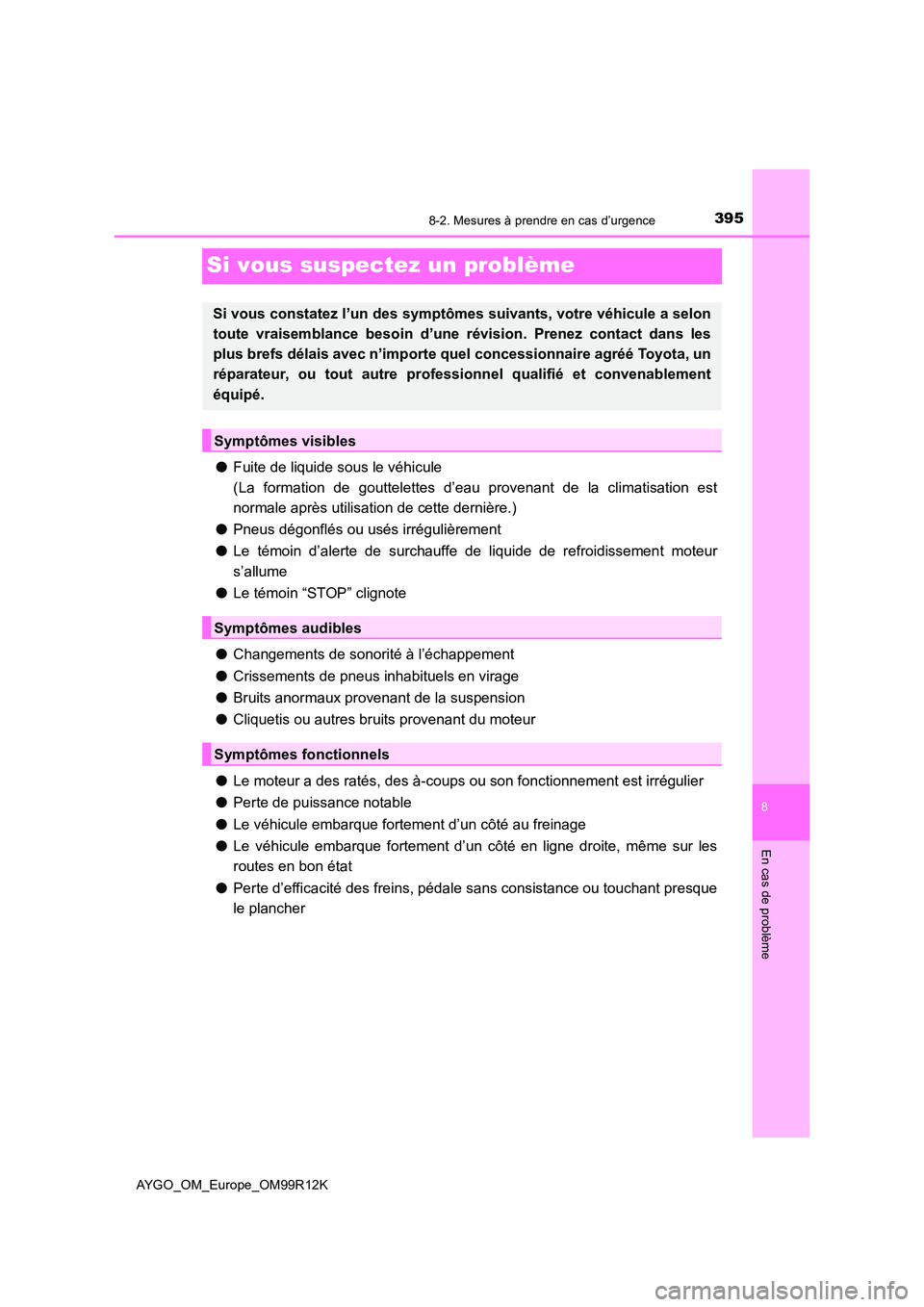 TOYOTA AYGO 2018 Notices Demploi (in French) 3958-2. Mesures à prendre en cas d’urgence
8
En cas de problème
AYGO_OM_Europe_OM99R12K
Si vous suspectez un problème
●Fuite de liquide sous le véhicule
(La formation de gouttelettes d’eau TOYOTA AYGO 2018 Notices Demploi (in French) 3958-2. Mesures à prendre en cas d’urgence
8
En cas de problème
AYGO_OM_Europe_OM99R12K
Si vous suspectez un problème
●Fuite de liquide sous le véhicule
(La formation de gouttelettes d’eau