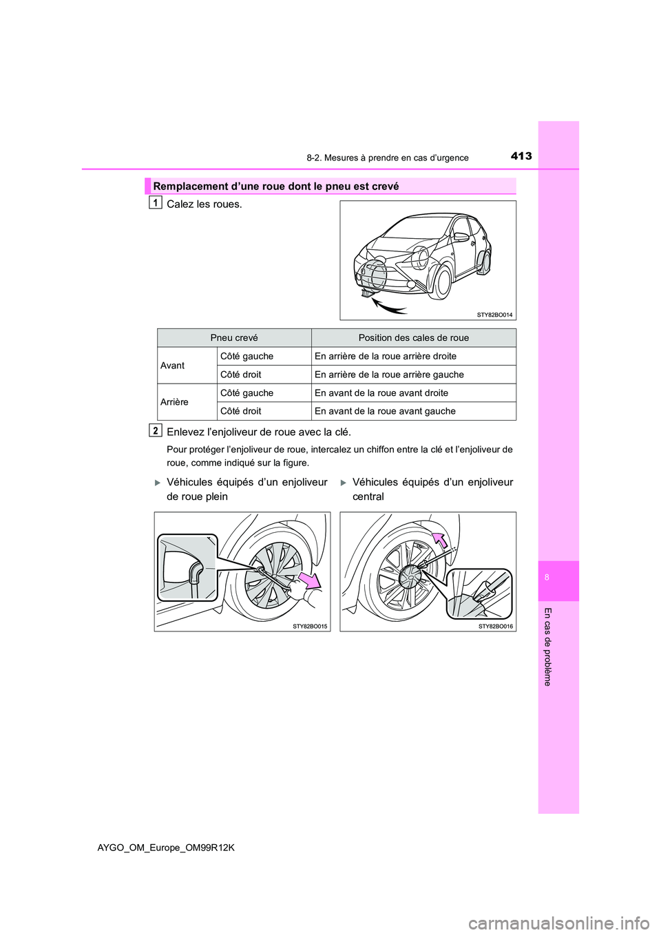 TOYOTA AYGO 2018 Notices Demploi (in French) 4138-2. Mesures à prendre en cas d’urgence
8
En cas de problème
AYGO_OM_Europe_OM99R12K
Calez les roues.
Enlevez l’enjoliveur de roue avec la clé.
Pour protéger l’enjoliveur de roue, interc TOYOTA AYGO 2018 Notices Demploi (in French) 4138-2. Mesures à prendre en cas d’urgence
8
En cas de problème
AYGO_OM_Europe_OM99R12K
Calez les roues.
Enlevez l’enjoliveur de roue avec la clé.
Pour protéger l’enjoliveur de roue, interc