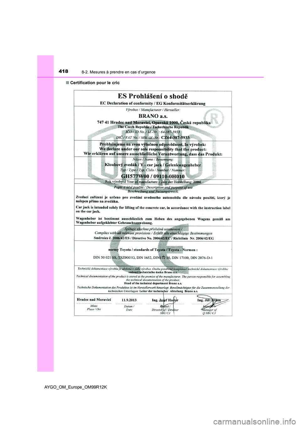 TOYOTA AYGO 2018 Notices Demploi (in French) 4188-2. Mesures à prendre en cas d’urgence
AYGO_OM_Europe_OM99R12K
■ Certification pour le cric TOYOTA AYGO 2018 Notices Demploi (in French) 4188-2. Mesures à prendre en cas d’urgence
AYGO_OM_Europe_OM99R12K
■ Certification pour le cric